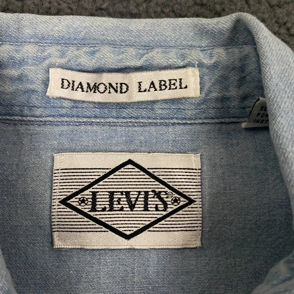 Levis Denim Western Shirt Mens Large Pearl Snap Diamond Label Blue Jean Vintage